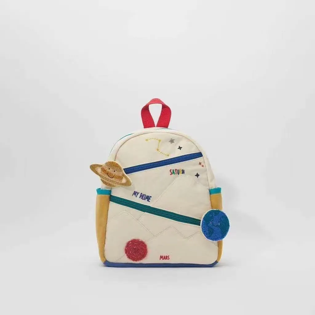 Kids Canvas Backpack Space Planet Embroidery Lightweight Preschool Kindergarten Shoulder Bag For Boys Girls