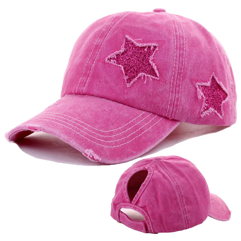 Women Washed Cotton Ponytail Baseball Cap Distressed Vintage High Bun Sequined Star Adjustable Street Style Hat