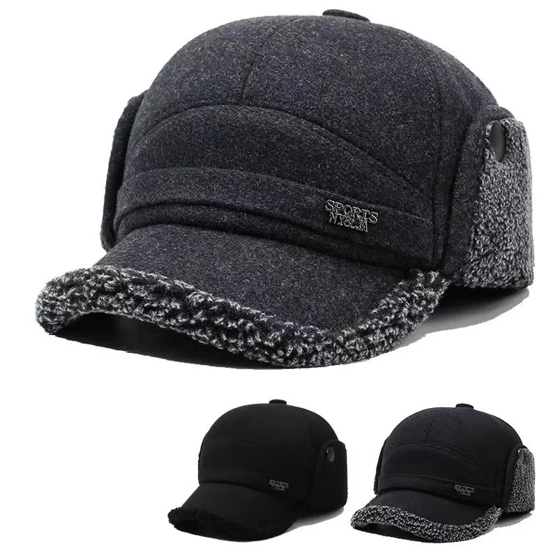 Winter Ear Flap Baseball Cap Men Thermal Thickened Woolen Fleece Lined Windproof Outdoor Warm Hat
