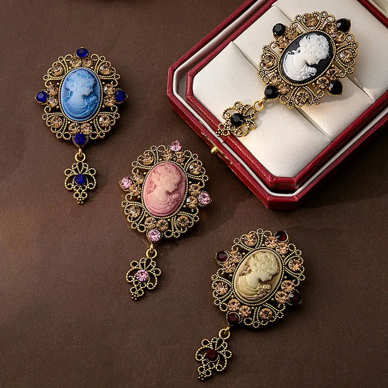 Vintage Cameo Brooch Alloy Resin Lady Portrait Hollow Out Rhinestone Dangle Pendant Victorian Baroque Style Women