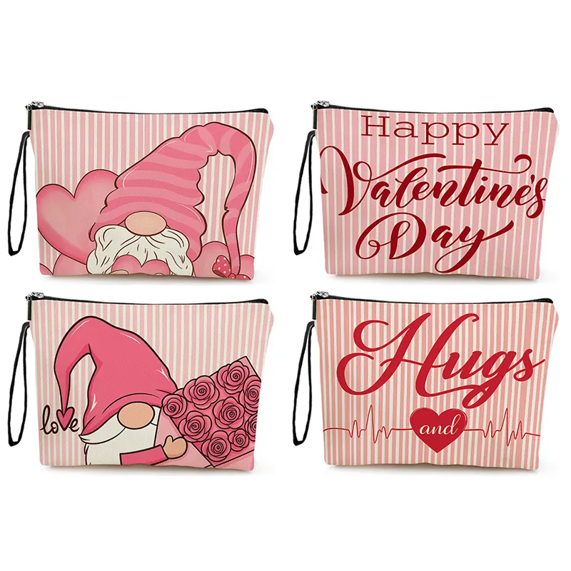 Trousse De Maquillage Saint-Valentin En Lin Pochette Cosmétique Avec Dragonne Imprimé Gnome Cœur Organisateur Femmes