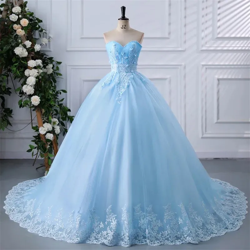 Light Blue Strapless Ball Gown Wedding Dress Tulle Lace Appliques Elegant Evening Party Gown With Train For Women