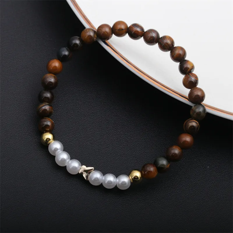 Bracelet Künstliche Perles Œil De Tigre Fausse Künstliche Perle Cuivre Cœur Croix Étoile Papillon Charme Bijoux Élastiques