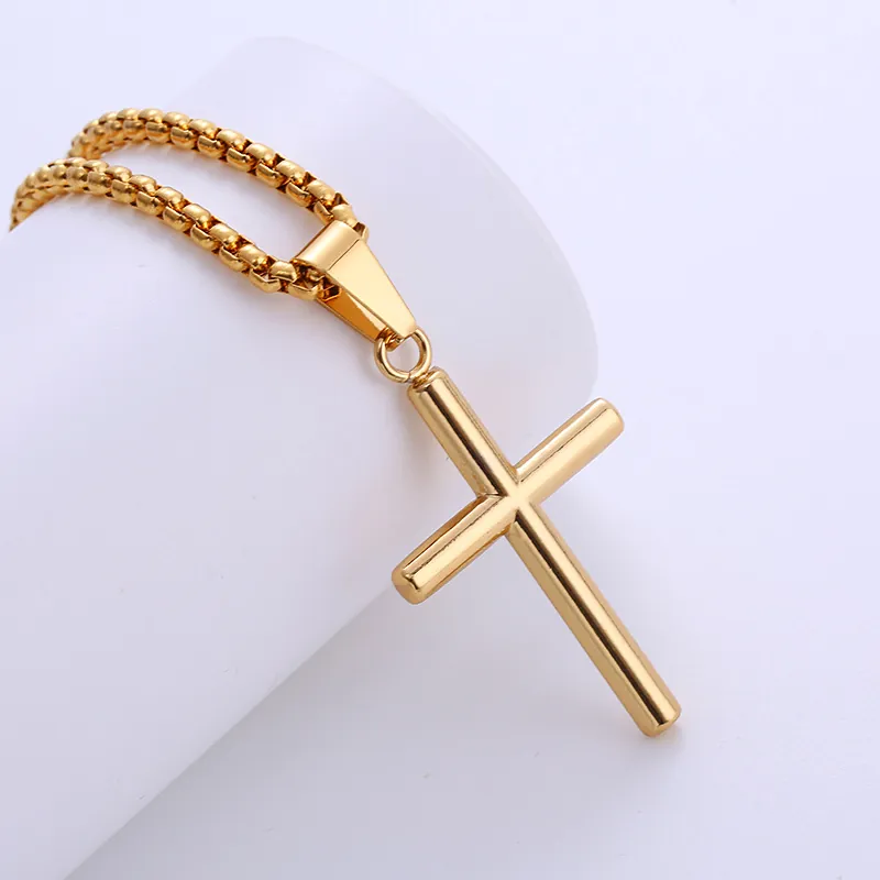 Minimalist Cross Pendant Necklace 18K Gold Plated 316L Stainless Steel Religious Polished Smooth Jewelry