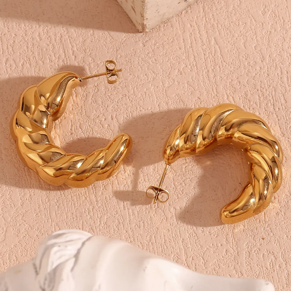 Stainless Steel 18K Gold Plated Hollow Croissant Hoop Earrings For Women Minimalist Twist Geometric Moon Earring Jewelry