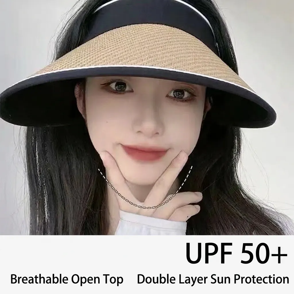 Women Sun Hat UV Protection UPF 50 Wide Brim Visor Foldable Straw Breathable Outdoor Summer Beach Empty Top