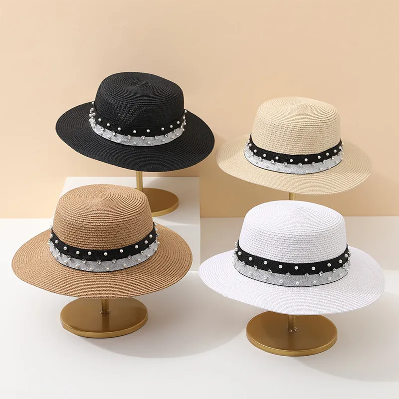 Boater Hat Women Summer Straw Sun Protection Flat Top Beach Elegant Artificial Pearl Rhinestone Decoration Breathable Wide Brim