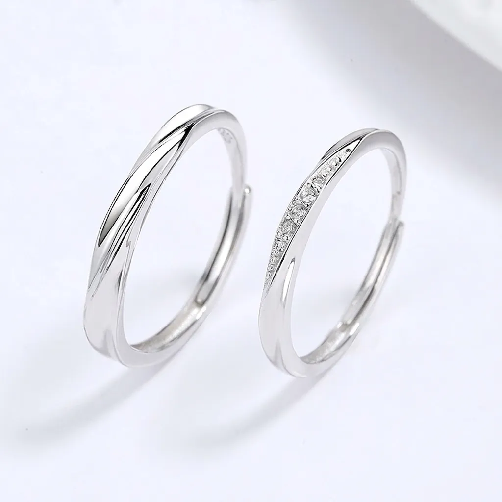 925 Sterling Silver Moebius Couple Rings For Women Men Adjustable Open Ring Rhinestone Minimalist Jewelry Valentine Gift