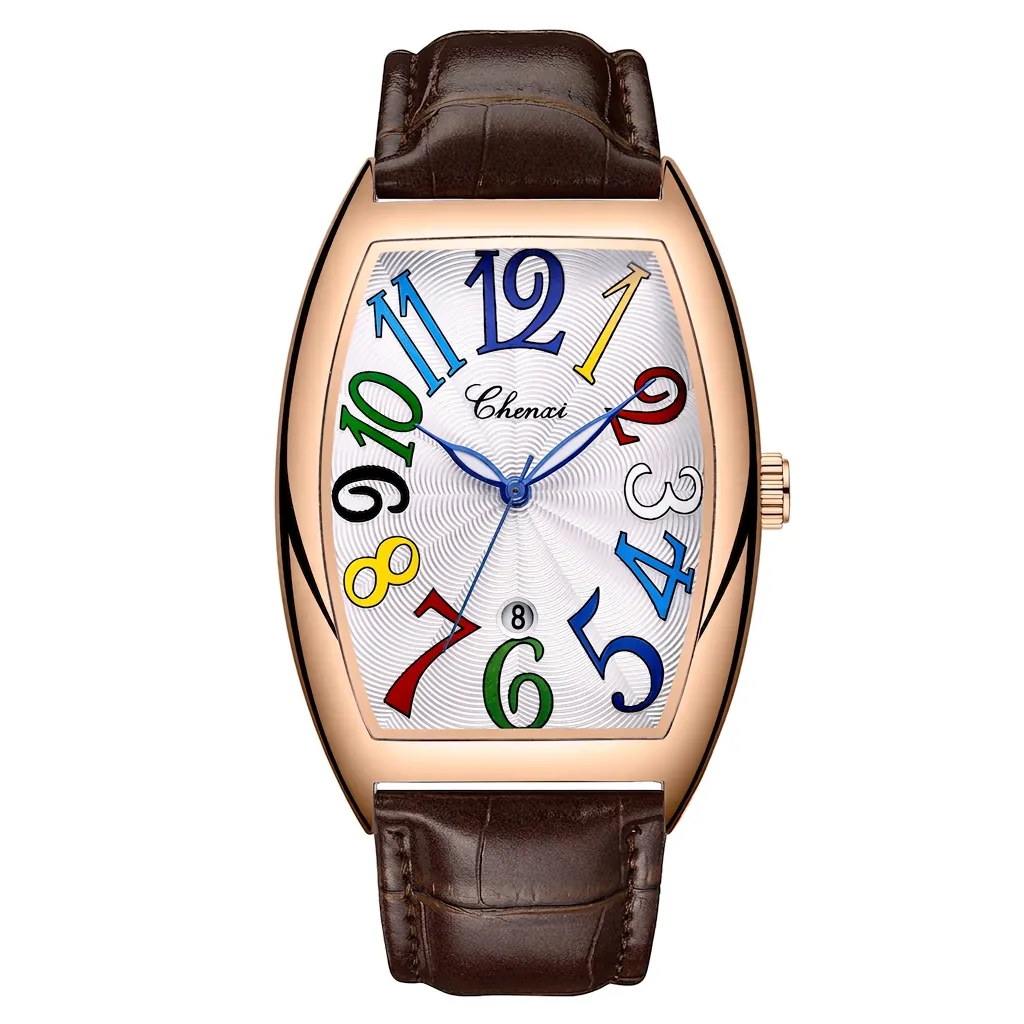 Orologio Uomo Quarzo Cassa Tonneau Lega Cinturino Pelle Calendario Luminoso Impermeabile Business Casual