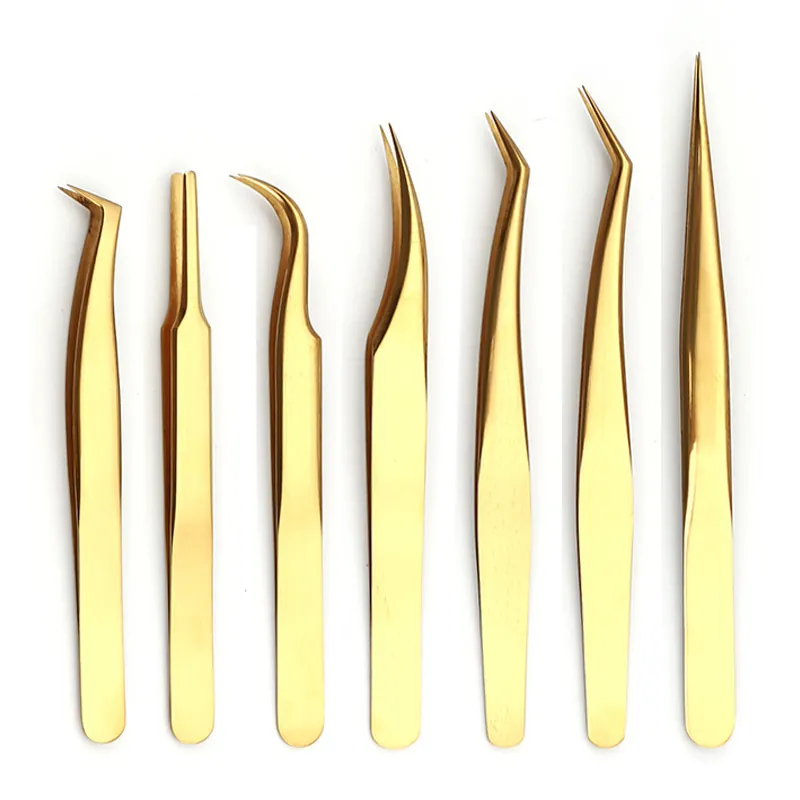Professional Eyelash Extension Tweezers High Precision Stainless Steel Grafting Blooming Makeup Beauty Tools Gold Coating