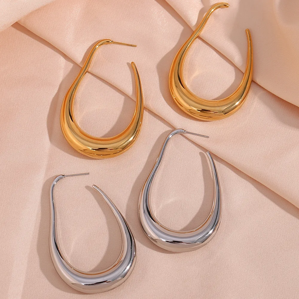 Minimalist Stainless Steel Teardrop Hoop Earrings For Women Lightweight Large Hollow Curve Geometric Fashion Ear Jewelry
