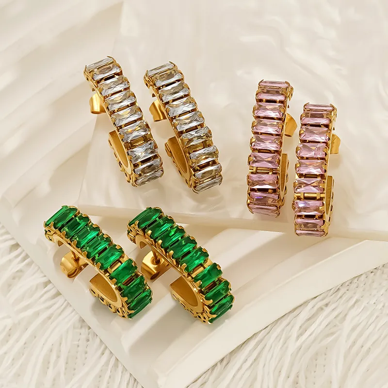 Geometric U-Shaped Hoop Earrings Women 18K Gold Plated 304 Stainless Steel Waterproof Hypoallergenic Zircon Inlaid Chic