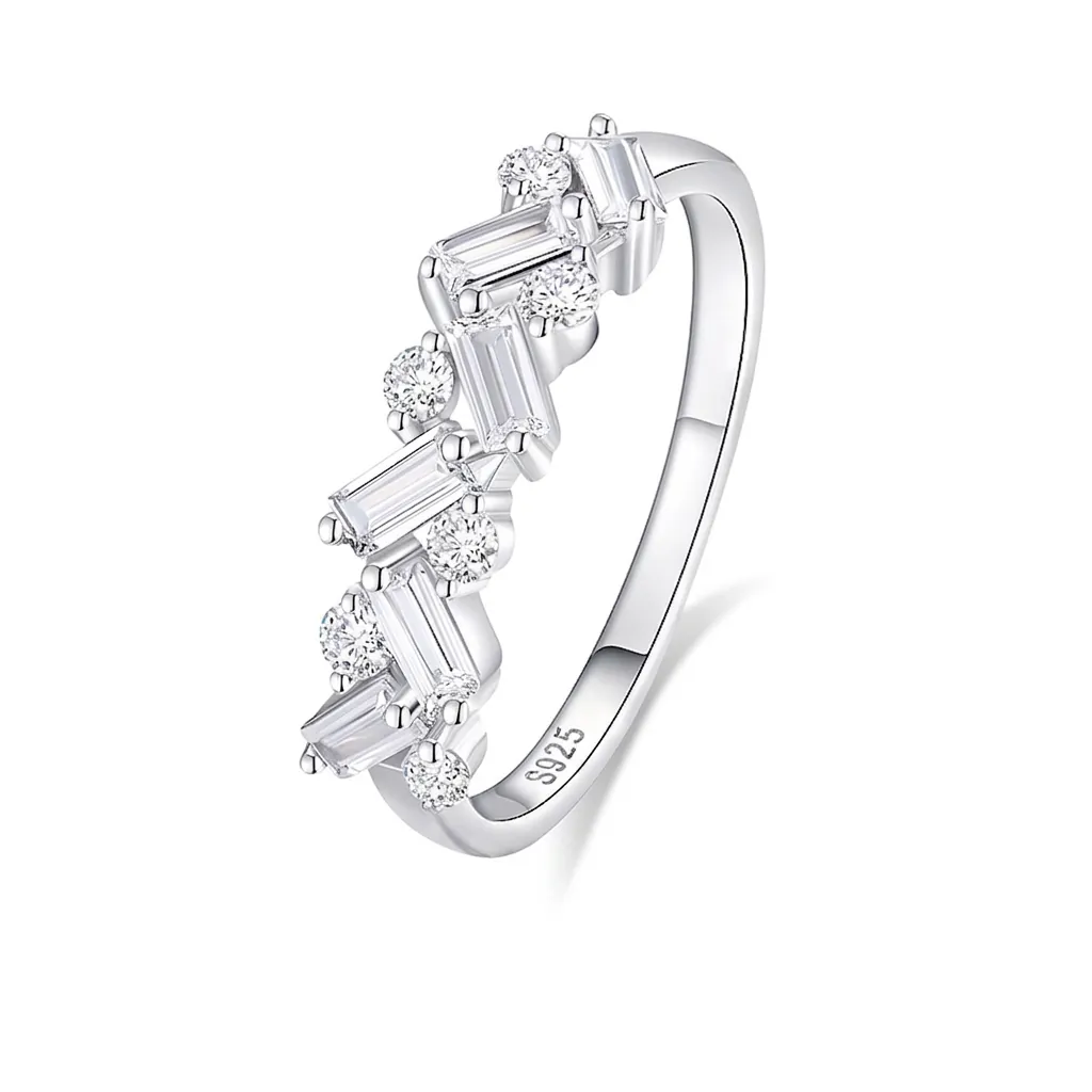S925 Sterling Silver Eternity Ring Women Geometric Baguette Round Zirconia Stackable Finger Ring Elegant Fashion Jewelry