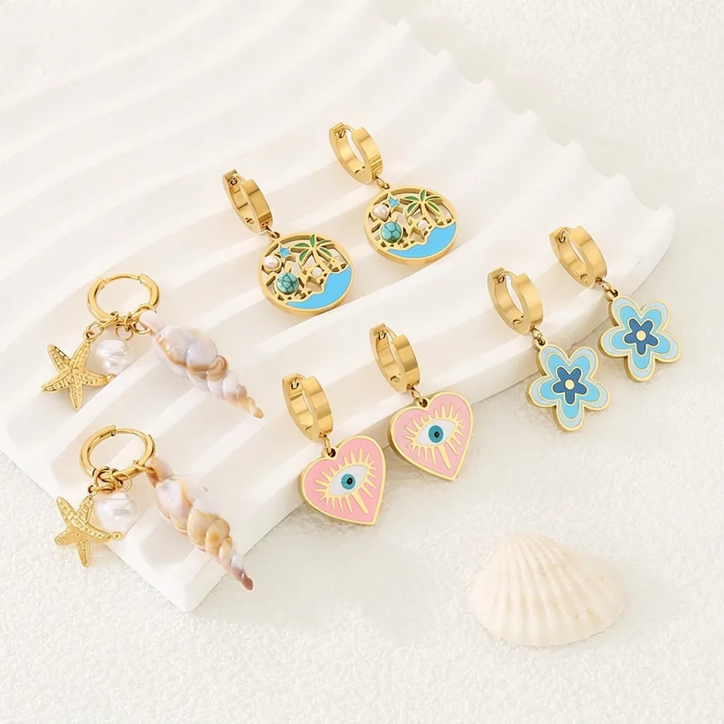 Boucles D'oreilles En Acier Inoxydable Plqué Or Émail Cœur Mauvais Œil Étoile De Mer Conque Künstliche Perle Plage Bijoux Pour Femmes