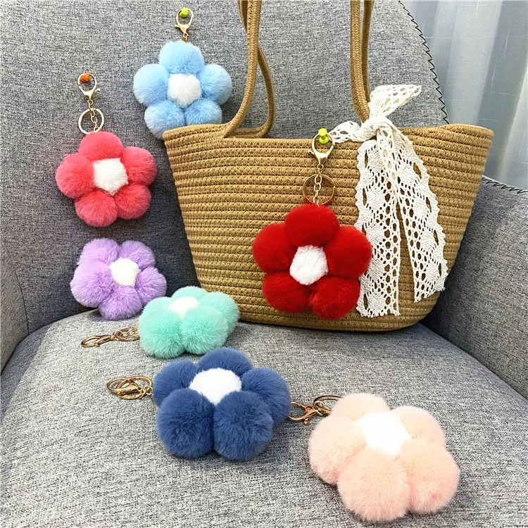 Creative Plush Alloy Flower Keychain Cute Pom Pom Bag Pendant Faux Fur Floral Charm For Car Key Women Girls Accessory Gift