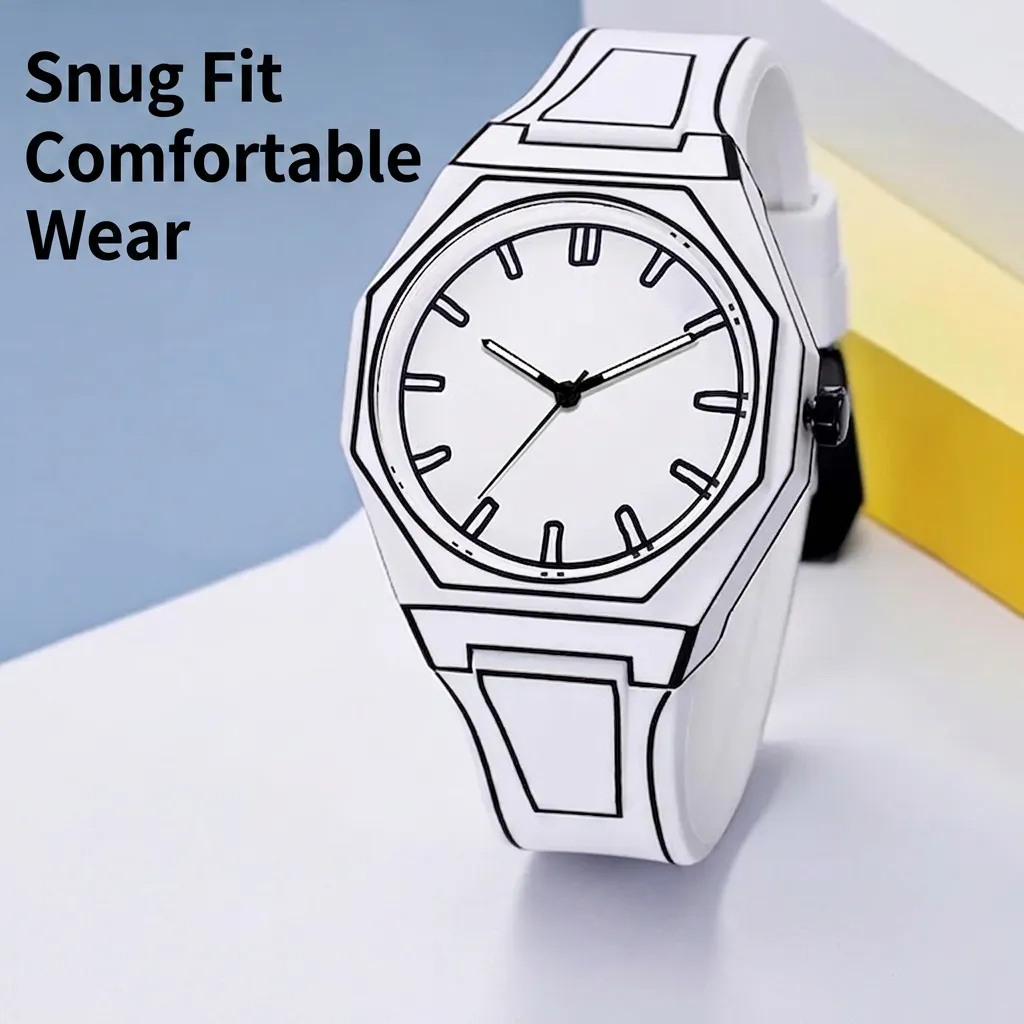 Women Quartz Watch Cartoon Sketch Style Line Art Octagonal Plastic Case Silicone Strap Waterproof Fashion Wristwatch