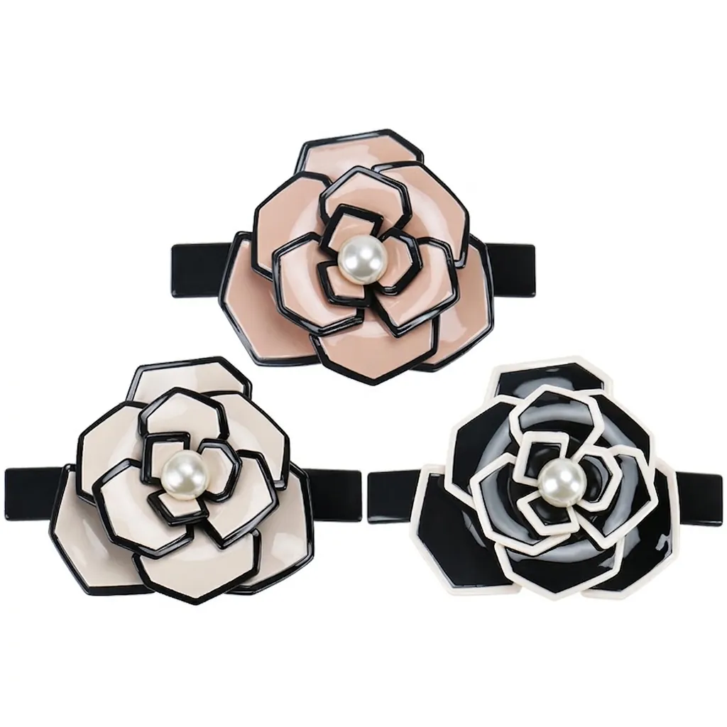 Camellia Flower Hair Clip Acetate Artificial Pearl Barrette Elegant French Style Ponytail Holder Spring Clip Hair Accessories