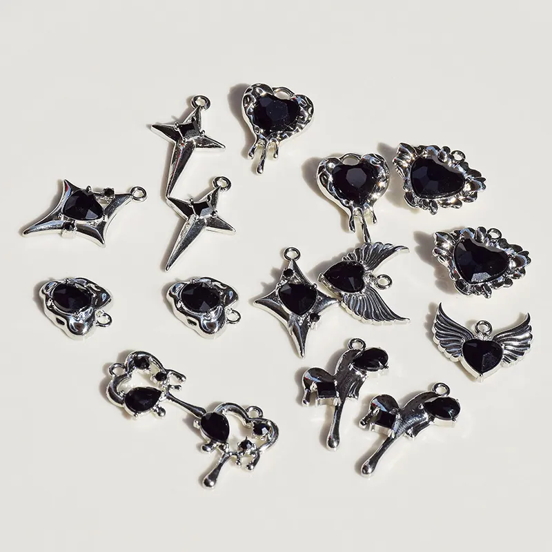 Gothic Y2K Alloy Charms With Black Rhinestone Heart Cross Wings Stars For DIY Jewelry Making Pendants