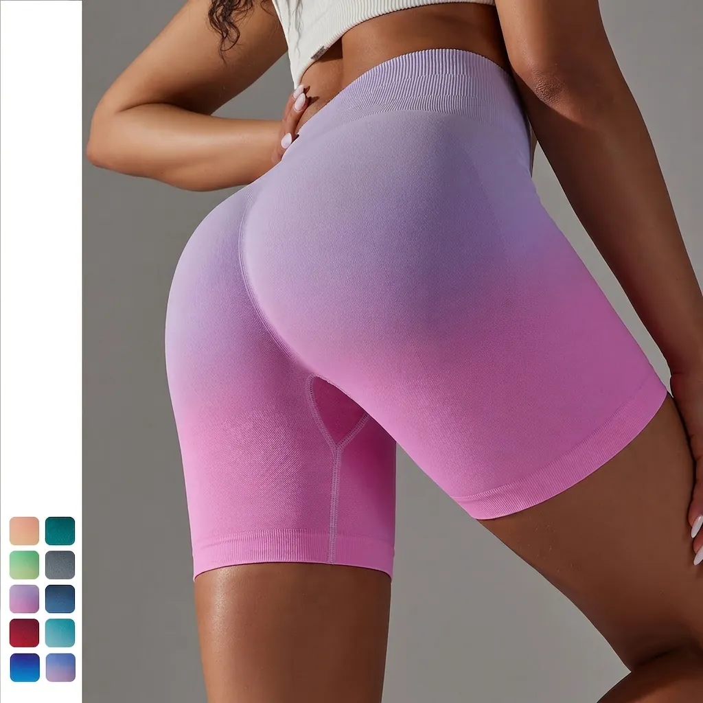 Women High Waist Seamless Gradient Yoga Shorts Nylon Spandex Tummy Control Butt Lifting Fitness Running Athletic Bottom
