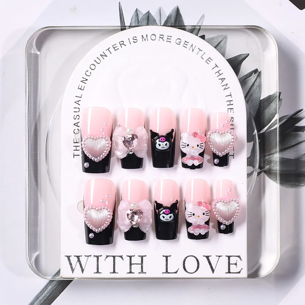 Press On Nails With 3D Bow Flower Rhinestone Artificial Pearl Heart Charm Gradient French Style Long Coffin Fake Nails