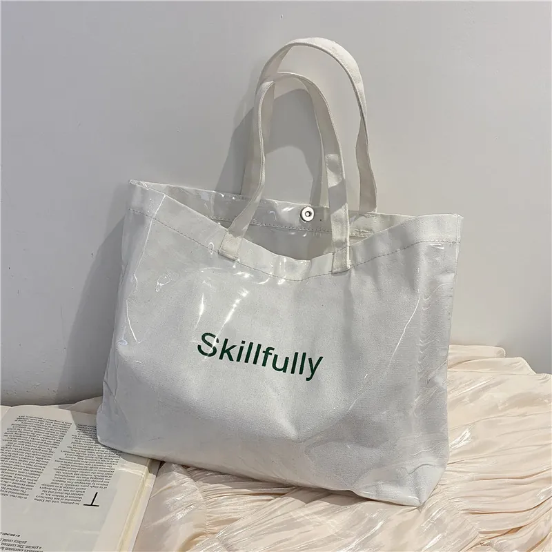 Women Large Capacity Transparent PVC Tote Bag With Canvas Inner Waterproof Shoulder Handbag Letter Print