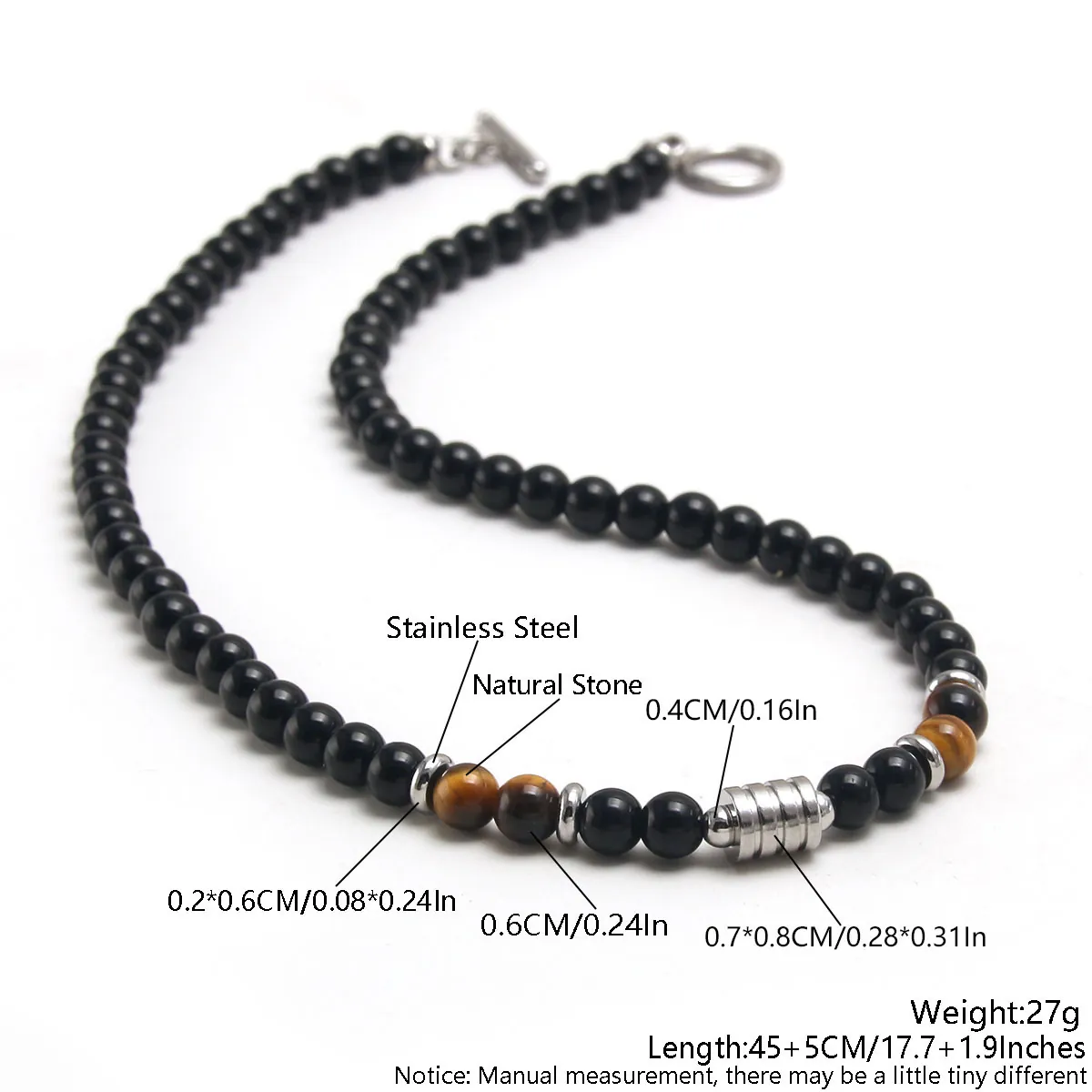 Men Natural Tiger Eye Map Stone Obsidian Beaded Necklace With Stainless Steel Toggle Clasp Retro Punk Style Neck Jewelry