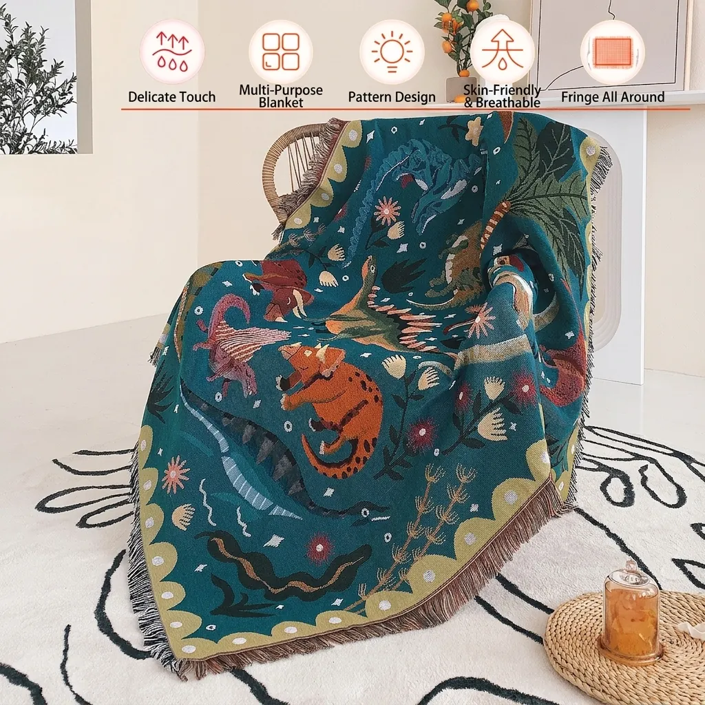 Dinosaur Woven Throw Blanket Cotton Jacquard Tapestry With Fringed Edges For Sofa Bed Picnic Camping Decor