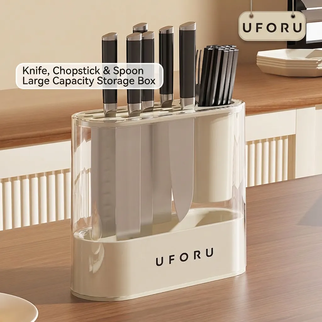 Kitchen Knife Holder And Utensil Organizer With Draining Tray Transparent Plastic Seasoning Storage Rack Modern Style