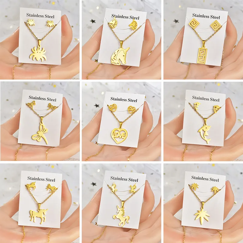 Stainless Steel Necklace And Stud Earrings Gold Plated Animal Heart Unicorn Spider Pendants Fashion Jewelry For Women