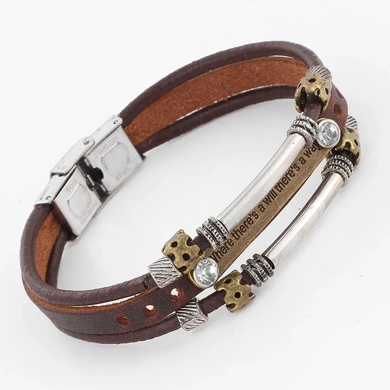 Bracelet En Cuir Multicouche Gravé Avec Citation Inspirante En Cuir De Vachette Véritable Alliage Bijoux Rétro Punk