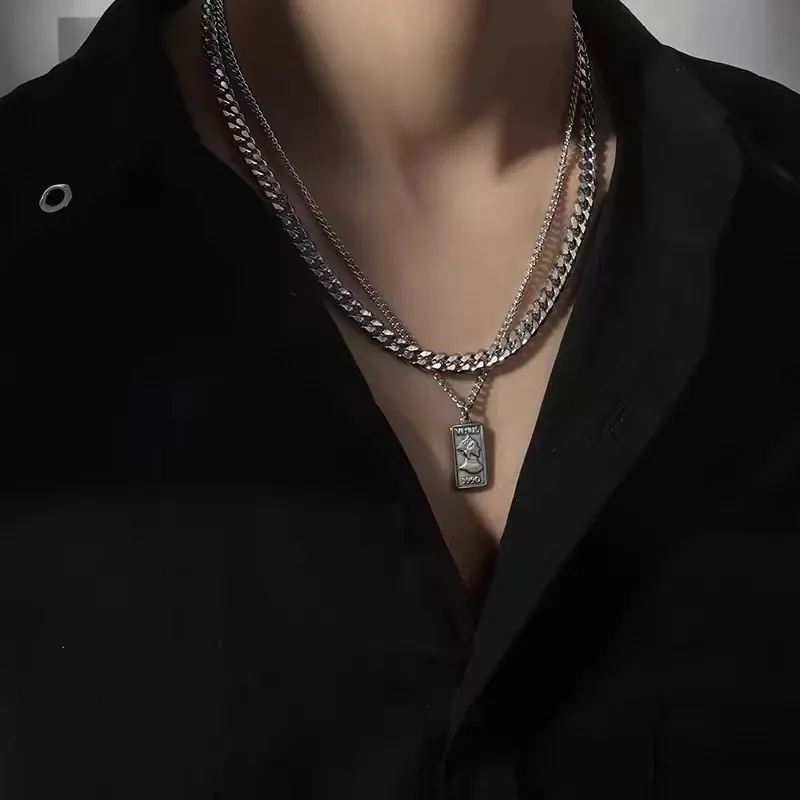 Double Layer Necklace Stainless Steel Cuban Chain Square Portrait Pendant Hip Hop Punk Jewelry Unisex Silver Color