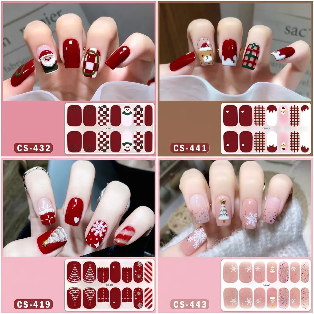 Christmas Nail Stickers Full Cover Snowflake Tree Reindeer Design Glitter Self Adhesive Manicure Wraps DIY Beauty For Women