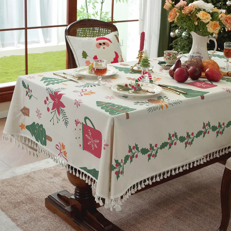 Christmas Tablecloth Rectangular Poly Cotton Printed Table Cover With Tassels Festive Holiday Home Dining Decor Washable