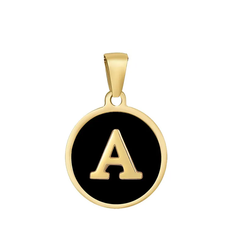 Initial Letter Pendant Round Stainless Steel 18K Gold Plated Black Enamel Shell DIY Jewelry Making Accessories