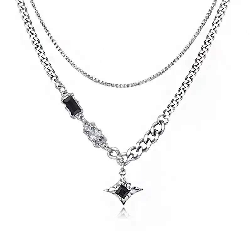 Double Layer Star Pendant Necklace Stainless Steel Black Clear Gemstones Hip Hop Punk Streetwear Unisex Jewelry