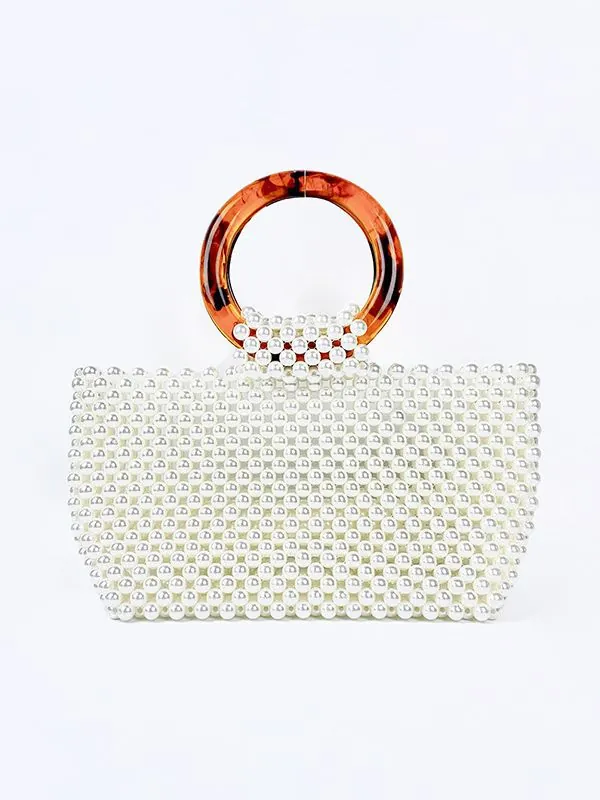 Handmade Artificial Pearl Beaded Handbag With Round Resin Handle Elegant Retro Fashion For Women