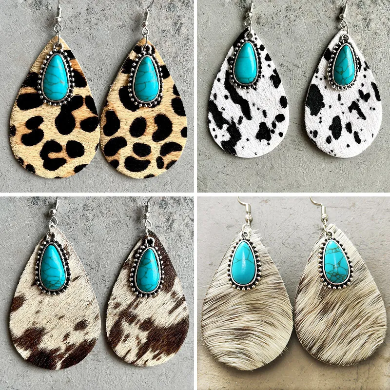 Teardrop Earrings Genuine Leather Animal Cow Leopard Print Turquoise Alloy Western Cowboy Style Women