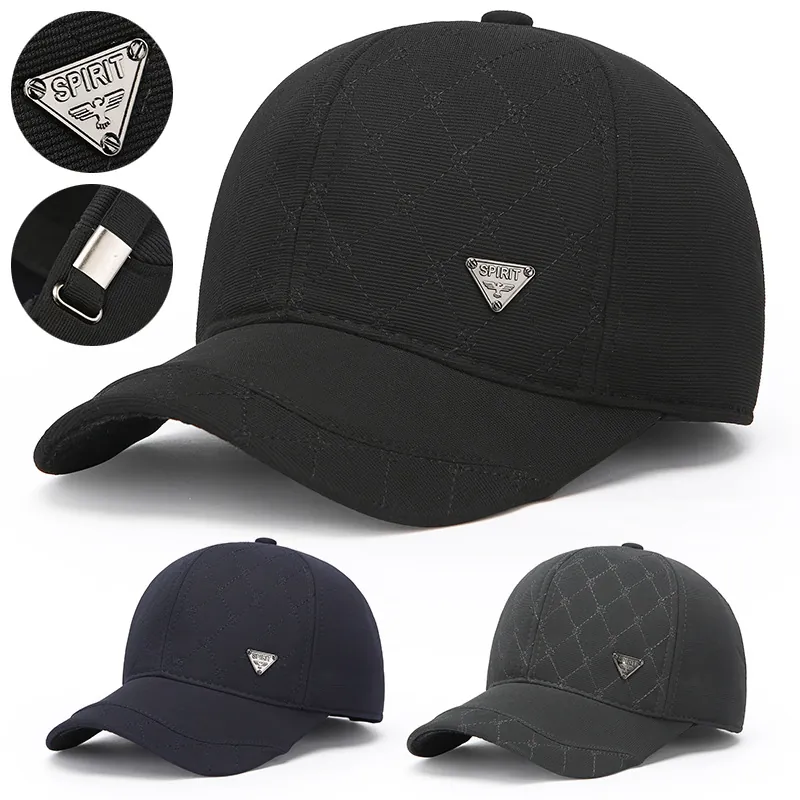 Men Baseball Cap Quilted Diamond Pattern Polyester Winter Warm Outdoor Adjustable Metal Logo Casual Hat