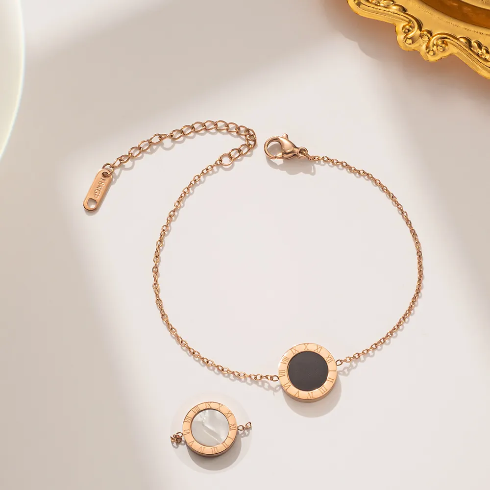Rose Gold Titanium Steel Roman Numerals Bracelet For Women Minimalist Double Sided Round Pendant Fashion Jewelry Accessory