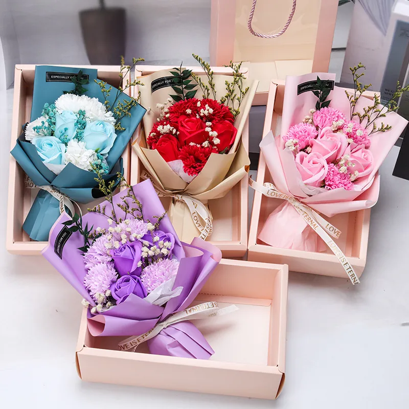 Caja de Regalo de Flores de Jabón Hecha a Mano Girasol Rosa Clavel Ramo de Gipsófila Seca Con Bolsa de Ventana Tarjeta Día de la Madre Maestro
