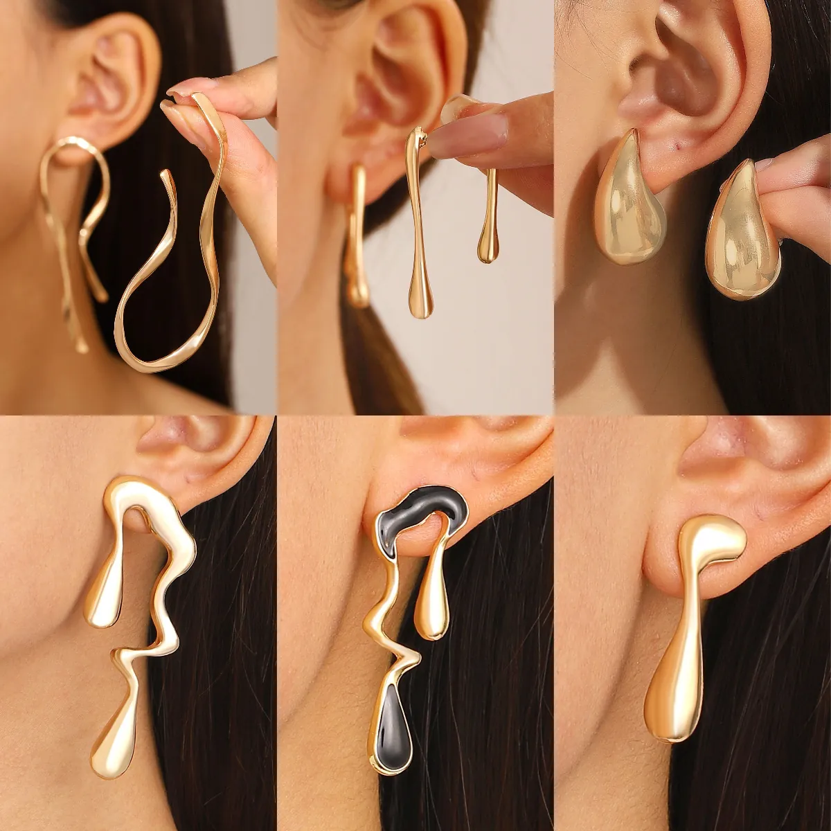 Liquid Metal Earrings Alloy Irregular Water Drop Asymmetric Modern Vintage Style For Women
