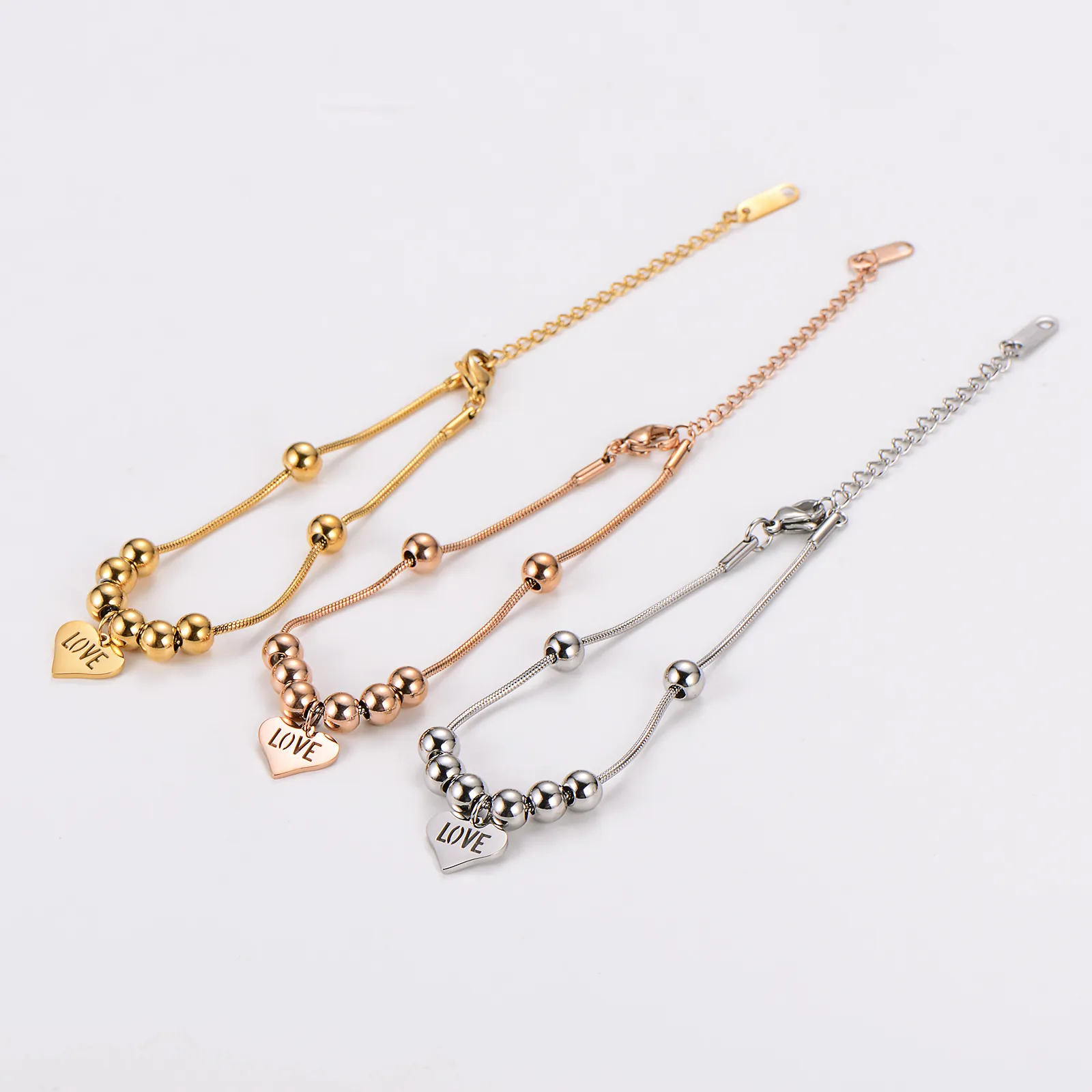 Minimalist Stainless Steel Heart Pendant Bracelet With Round Beads Snake Chain Engraved LOVE Fashion Jewelry For Women