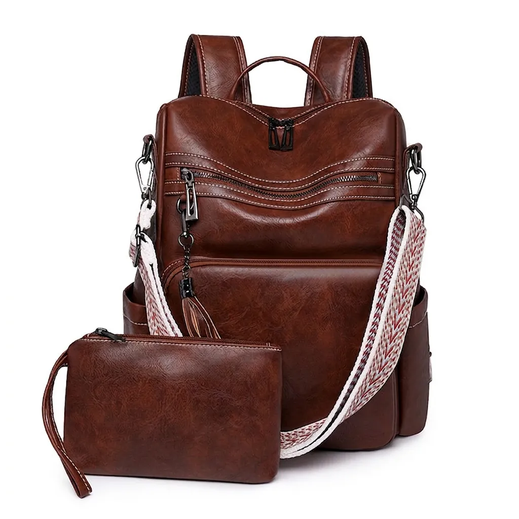 Women Vintage PU Leather Backpack And Clutch Large Capacity Multi Pocket Ethnic Woven Strap Tassel Fashion Travel Bag