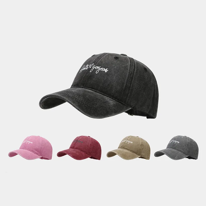 Washed Cotton Baseball Cap Hello Gorgeous Letter Embroidery Heart Vintage Distressed Adjustable Casual Sun Hat