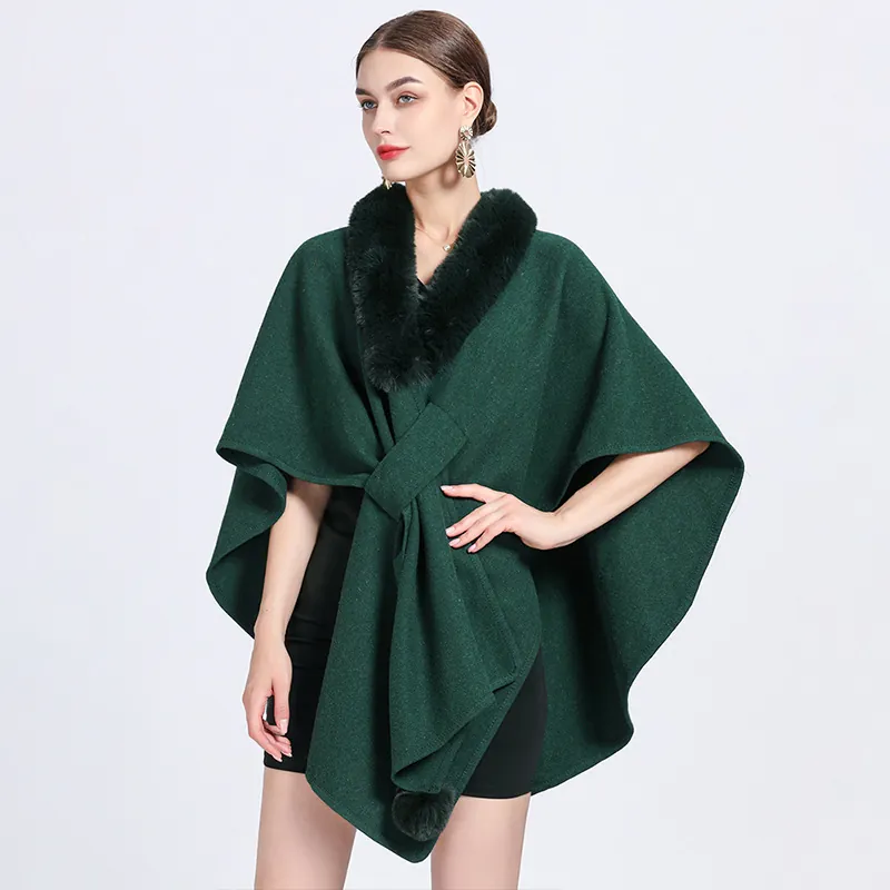 Women Elegant Faux Fur Collar Poncho Shawl Knitted Loose Cape Coat With Pom-Pom Decor Warm Autumn Winter