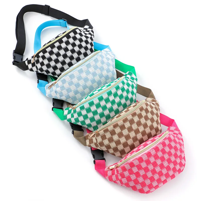 Checkerboard Knitted Waist Bag Adjustable Strap Sports Outdoor Fanny Pack Chest Bag For Women Men Casual Trendy
