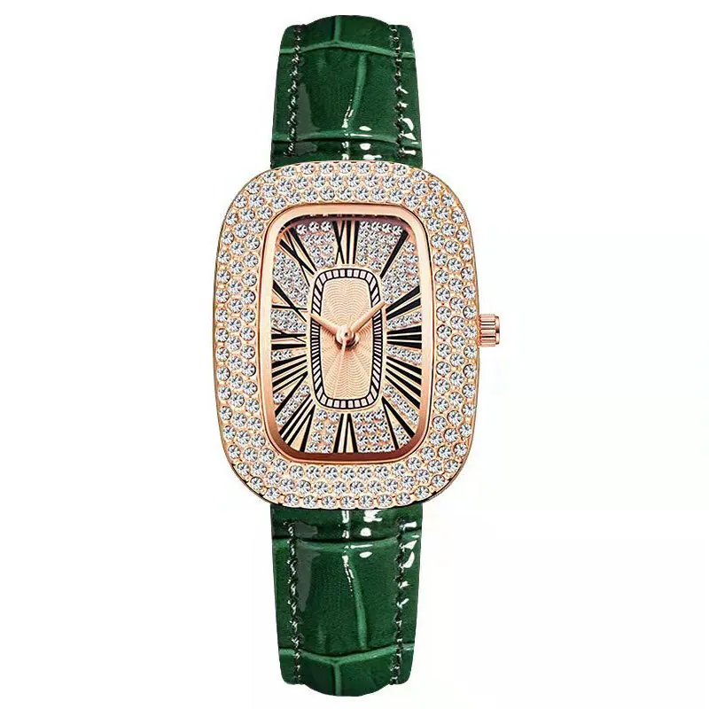 Women Luxury Quartz Watch Rhinestone Bezel Oval Dial Crocodile Pattern Leather Strap Roman Numerals Elegant Timepiece