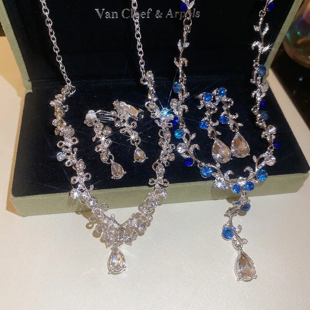 Luxury Rhinestone Flower Vine Necklace And Earrings Set With 925 Sterling Silver Earring Post Pear Water Drop Blue White