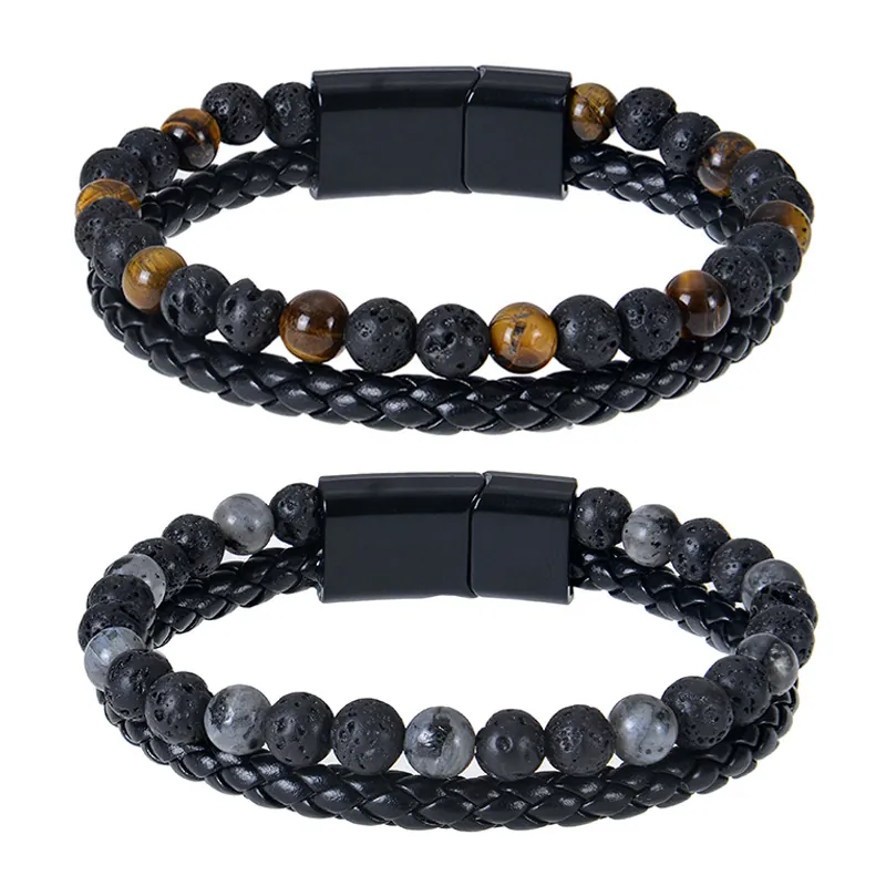 Double Layer Natural Stone Tiger Eye Lava Stone Bead Bracelet Leather Rope Magnetic Clasp For Men Fashion Jewelry