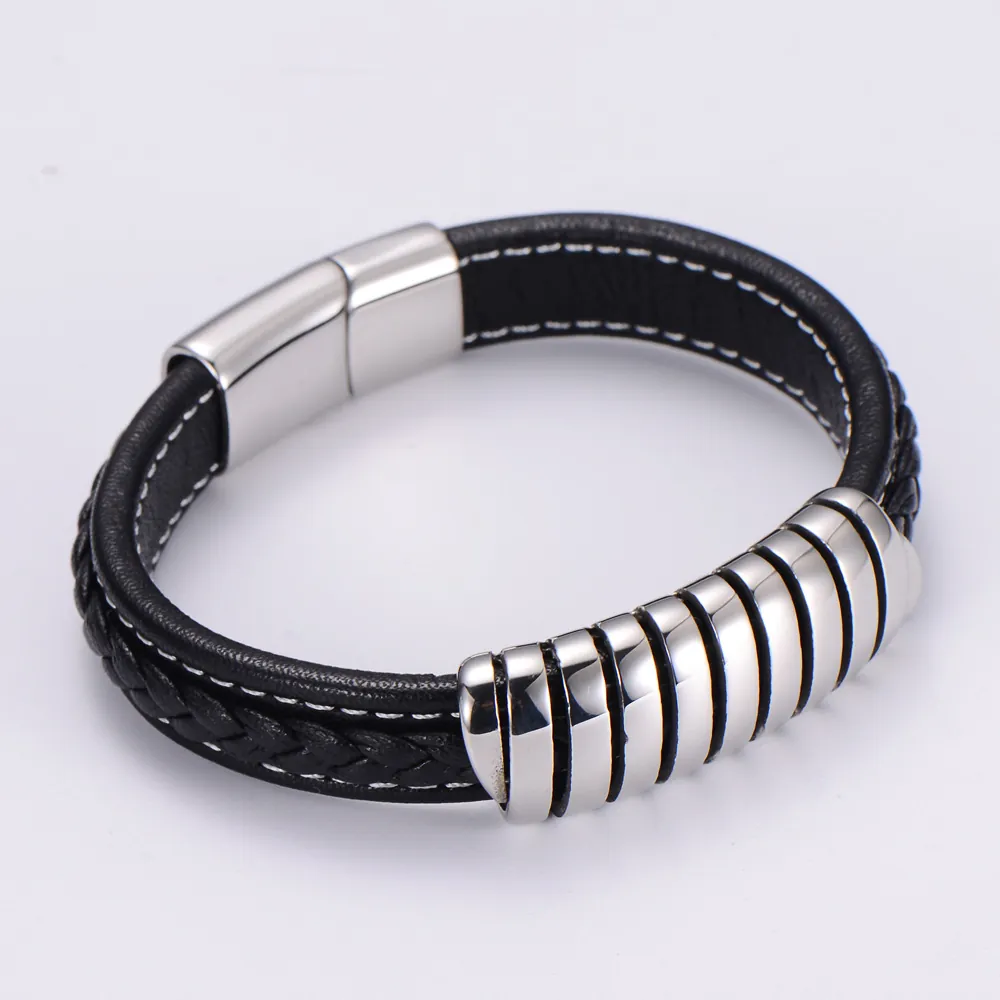 Men Braided Leather Bracelet With Stainless Steel Magnetic Clasp Punk Style Black And Silver Jewelry